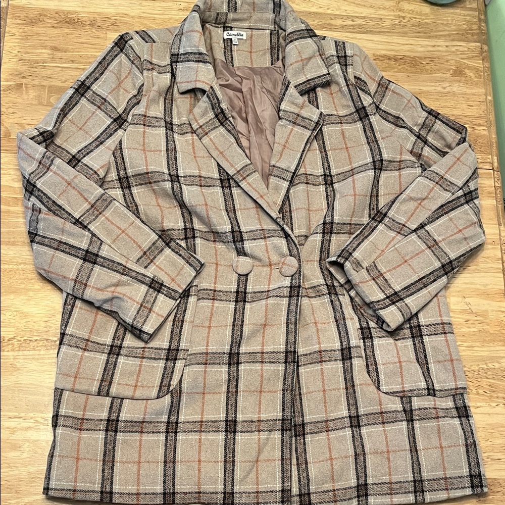 Plaid Pea Coat in Beige and Black